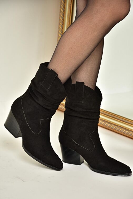 T296713002 Siyah Süet Kalın Topuklu Kadın Bot - Görsel 5