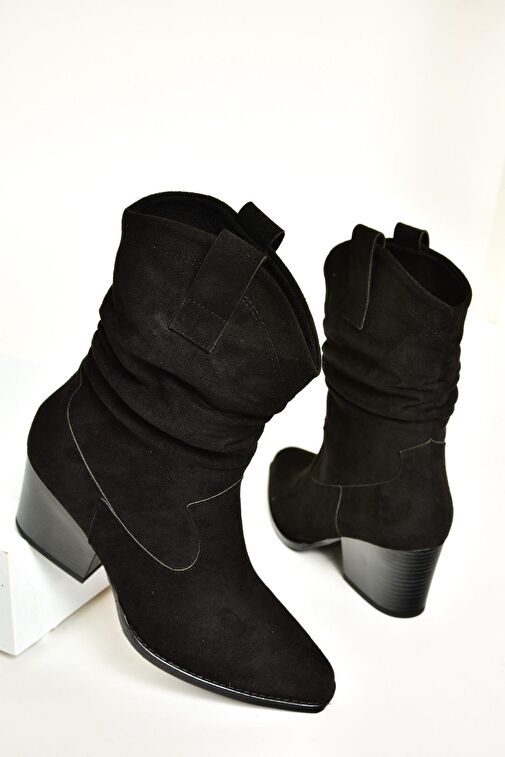 T296713002 Siyah Süet Kalın Topuklu Kadın Bot - Görsel 6