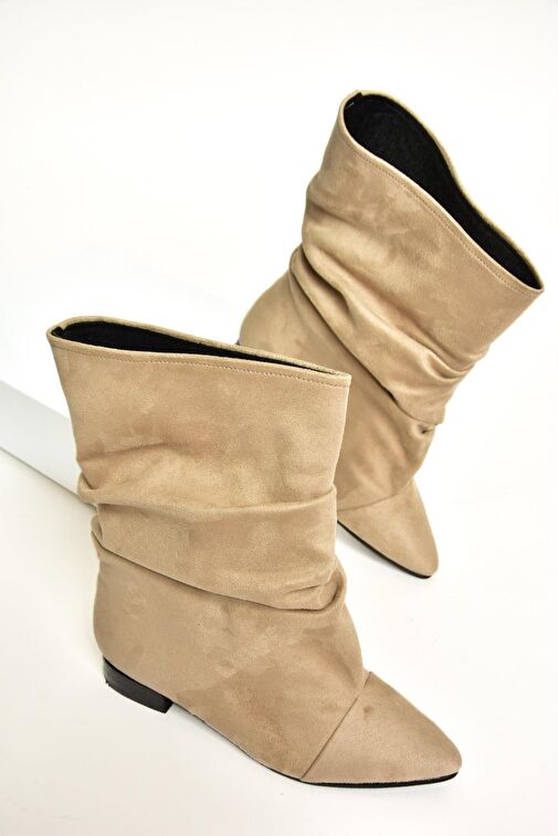 T723964002 Bej Süet Büzgülü Kadın Bot - Görsel 6