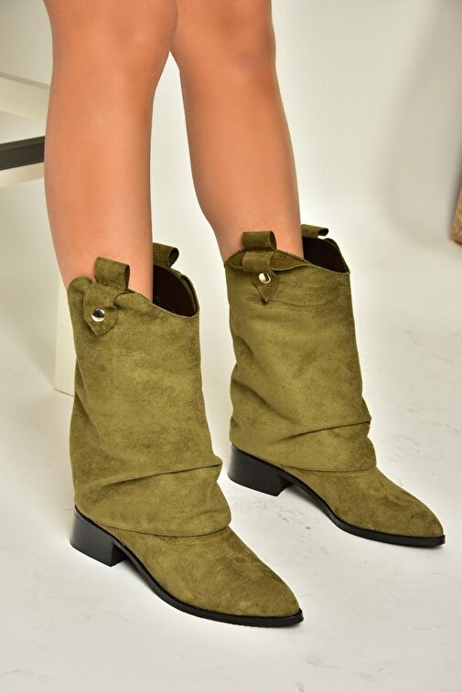 T723972202 Yeşil Süet Alçak Topuklu Kadın Bot - Görsel 4