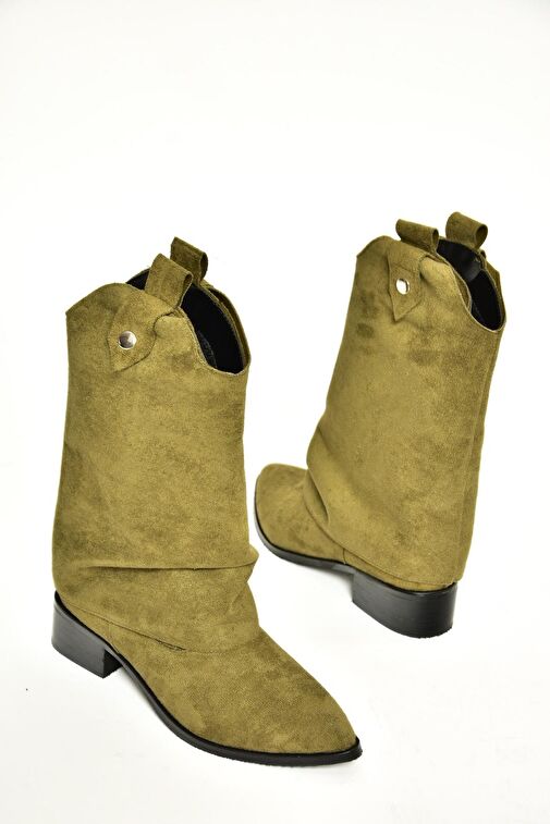 T723972202 Yeşil Süet Alçak Topuklu Kadın Bot - Görsel 6