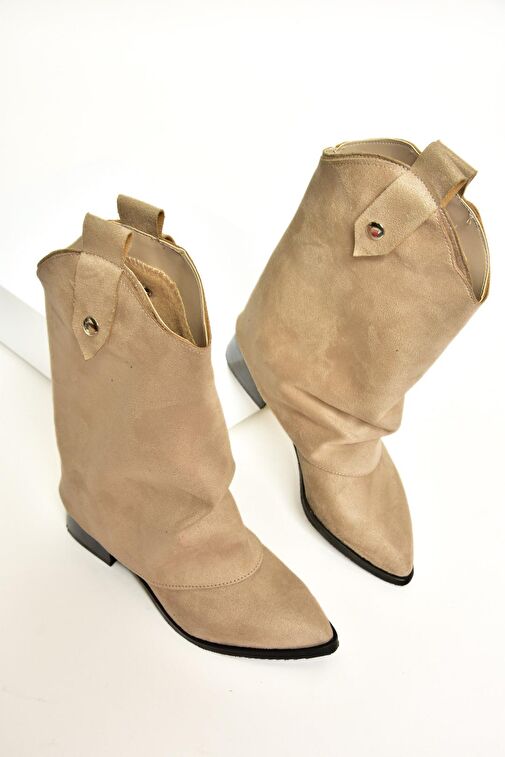 T723972202 Bej Süet Alçak Topuklu Kadın Bot - Görsel 4