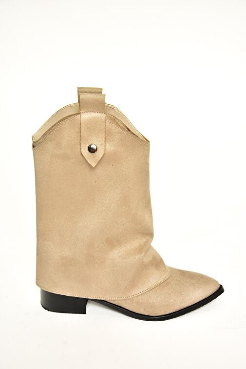 T723972202 Bej Süet Alçak Topuklu Kadın Bot - Görsel 5