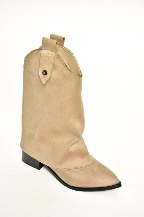 T723972202 Bej Süet Alçak Topuklu Kadın Bot - Görsel 6