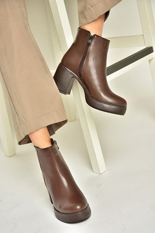 T820197409 Kahverengi Kalın Topuklu Kadın Bot - Görsel 5