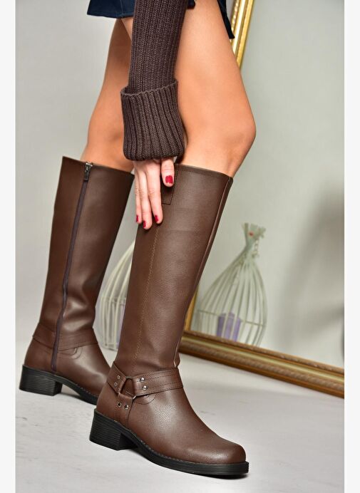 T404550009 Kahverengi Alçak Topuklu Kadın Çizme - Görsel 3