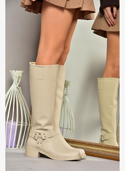 T404550009 Bej Alçak Topuklu Kadın Çizme - Görsel 3