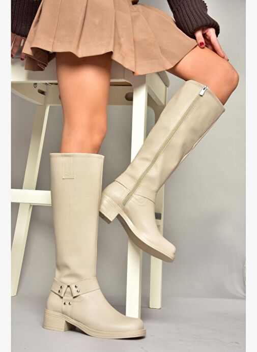 T404550009 Bej Alçak Topuklu Kadın Çizme - Görsel 2