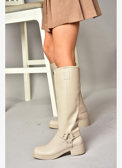 T404550009 Bej Alçak Topuklu Kadın Çizme - Görsel 4