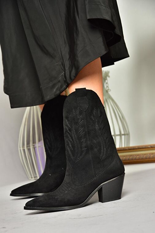 T267655002 Siyah Süet Kalın Topuklu Kadın Bot - Görsel 2