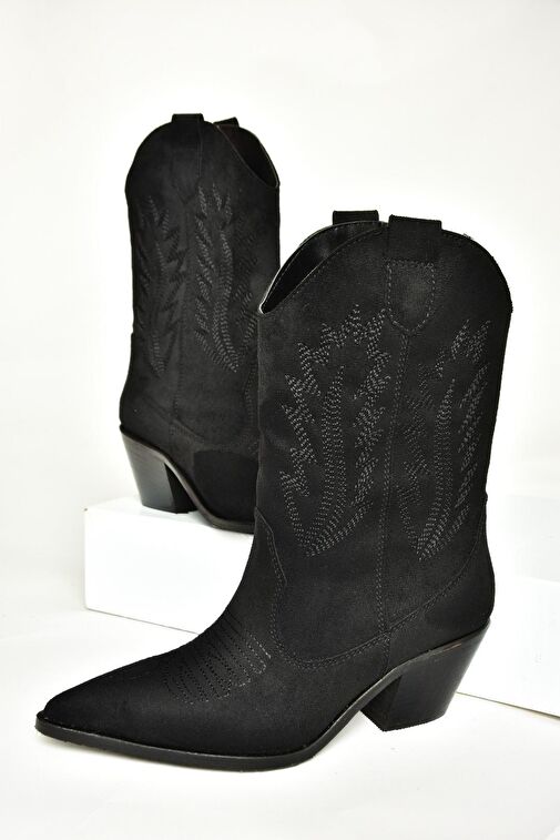 T267655002 Siyah Süet Kalın Topuklu Kadın Bot - Görsel 6