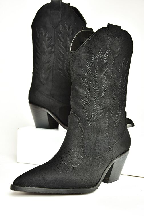 T267655002 Siyah Süet Kalın Topuklu Kadın Bot - Görsel 7