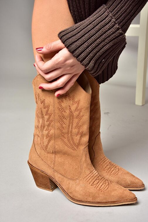 T267655002 Taba Süet Kalın Topuklu Kadın Bot - Görsel 2