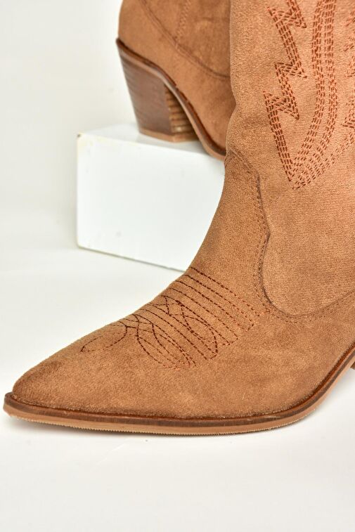 T267655002 Taba Süet Kalın Topuklu Kadın Bot - Görsel 8