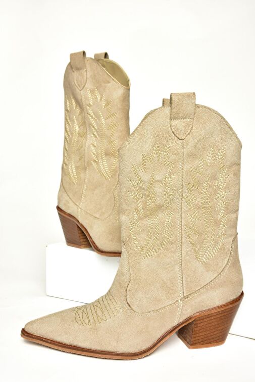 T267655002 Bej Süet Kalın Topuklu Kadın Bot - Görsel 7