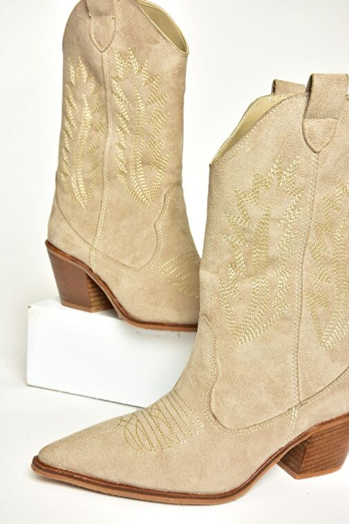 T267655002 Bej Süet Kalın Topuklu Kadın Bot - Görsel 8