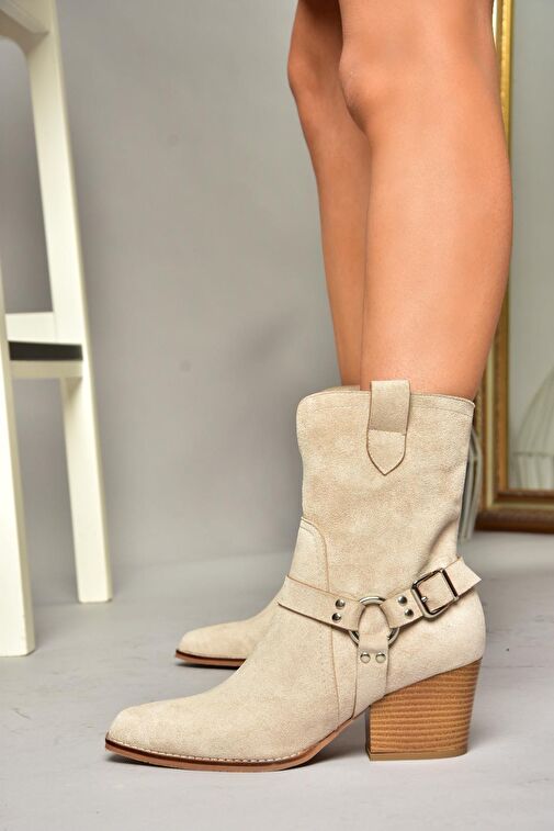 T296094002 Bej Süet Kovboy Model Kalın Tabanlı Kadın Bot - Görsel 6