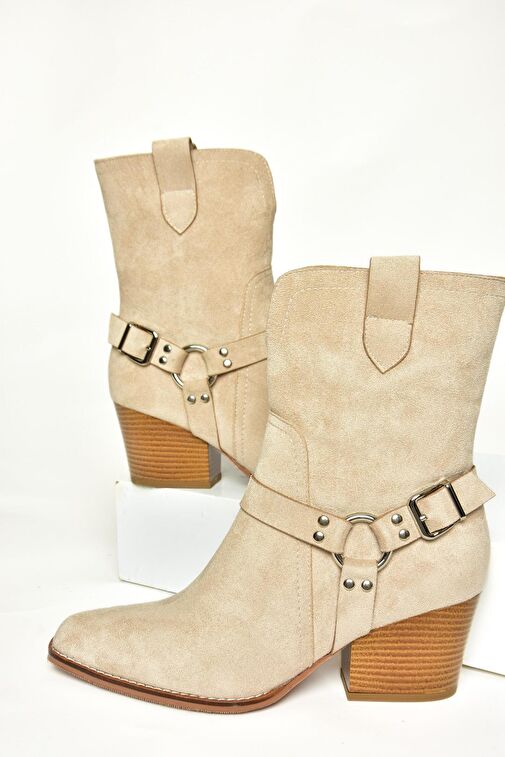 T296094002 Bej Süet Kovboy Model Kalın Tabanlı Kadın Bot - Görsel 7