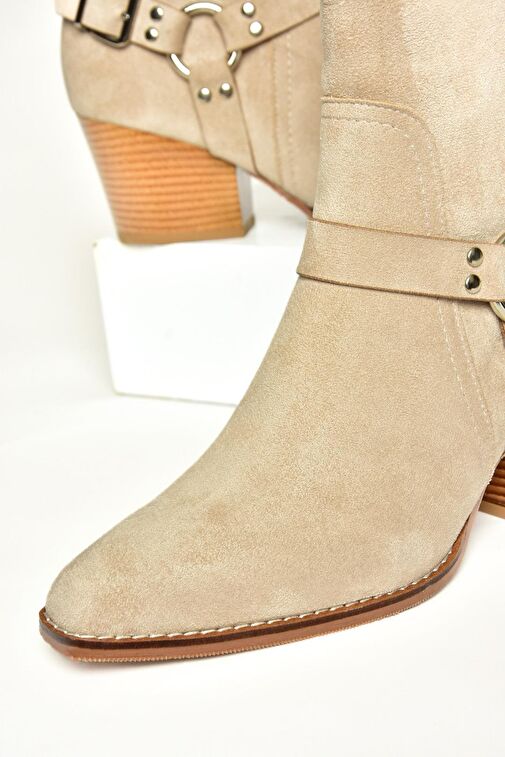 T296094002 Bej Süet Kovboy Model Kalın Tabanlı Kadın Bot - Görsel 8