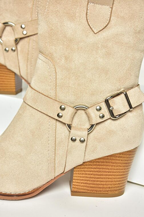 T296094002 Bej Süet Kovboy Model Kalın Tabanlı Kadın Bot - Görsel 9