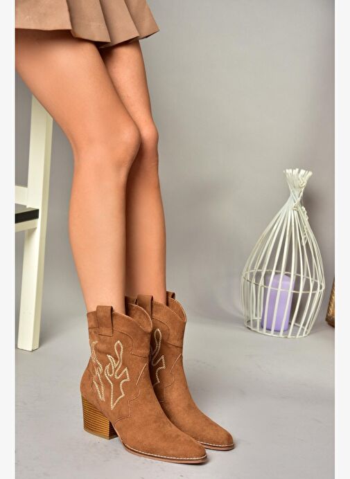 T296112002 Taba Süet Kalın Topuklu Kadın Bot - Görsel 2