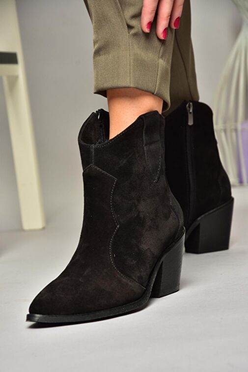 T380082502 Siyah Süet Kovboy Model Kalın Topuklu Kadın Bot - Görsel 5