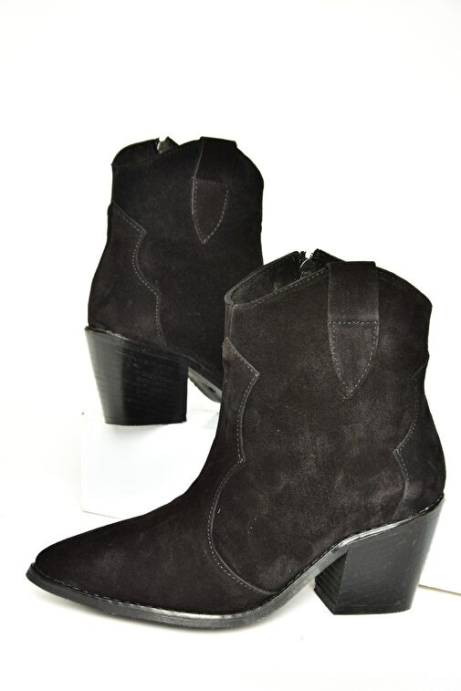 T380082502 Siyah Süet Kovboy Model Kalın Topuklu Kadın Bot - Görsel 6