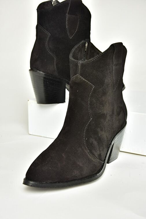 T380082502 Siyah Süet Kovboy Model Kalın Topuklu Kadın Bot - Görsel 7