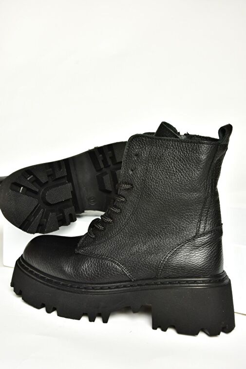 T380170003 Siyah Hakiki Deri Kalın Tabanlı Kadın Bot - Görsel 6