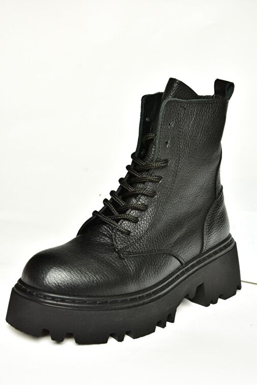 T380170003 Siyah Hakiki Deri Kalın Tabanlı Kadın Bot - Görsel 7