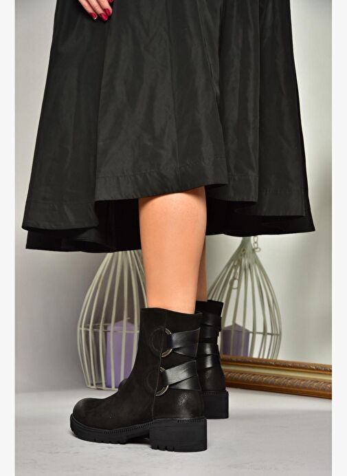 T654047101 Siyah Hakiki Deri Nubuk Kadın Bot - Görsel 3