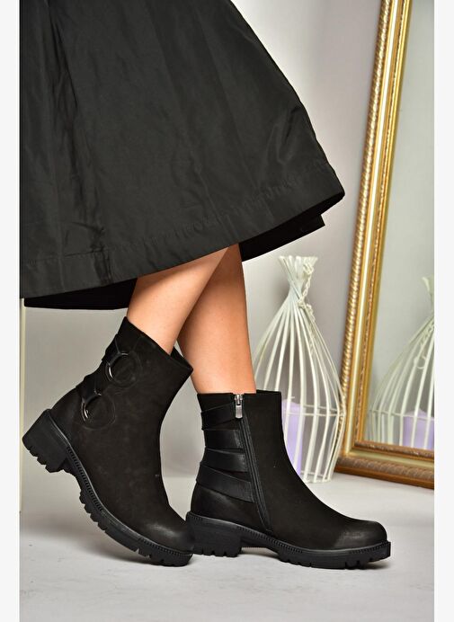T654047101 Siyah Hakiki Deri Nubuk Kadın Bot - Görsel 9
