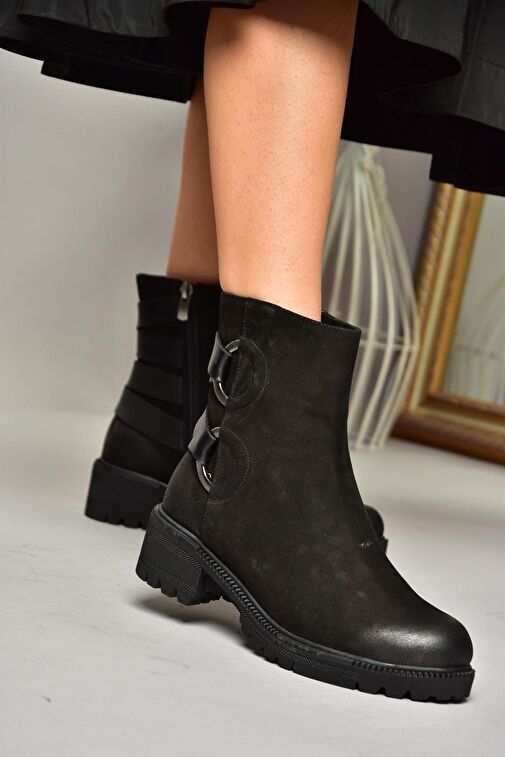 T654047101 Siyah Hakiki Deri Nubuk Kadın Bot - Görsel 4