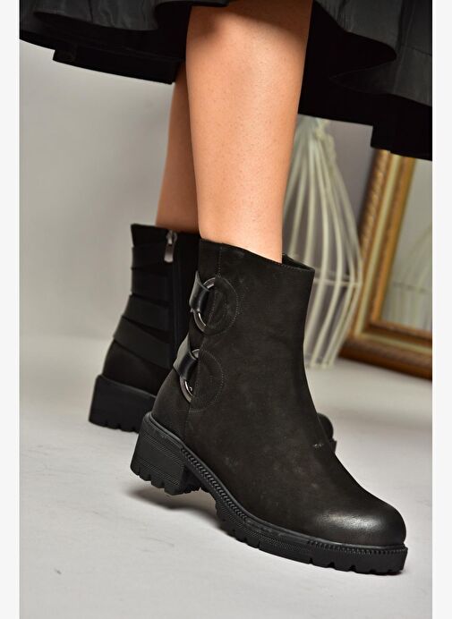 T654047101 Siyah Hakiki Deri Nubuk Kadın Bot - Görsel 5