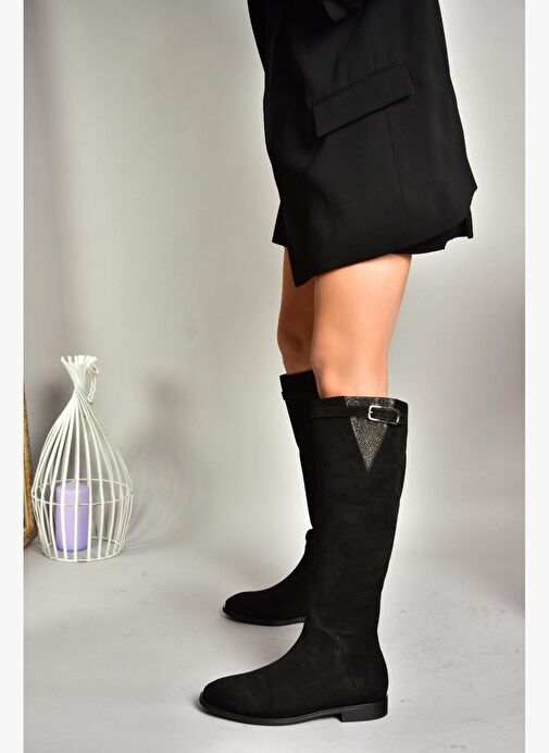 T820109202 Siyah Süet Taş Detaylı Kadın Çizme - Görsel 3