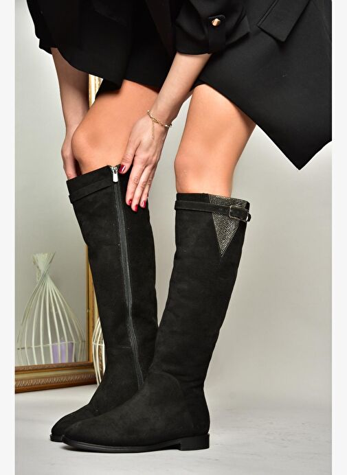 T820109202 Siyah Süet Taş Detaylı Kadın Çizme - Görsel 5