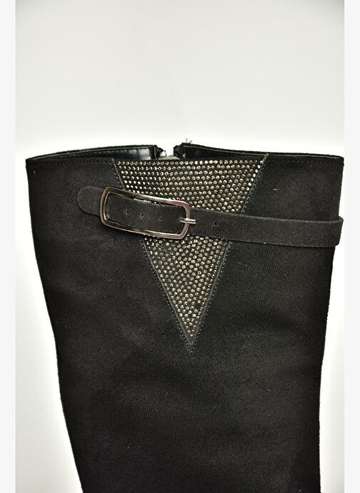T820109202 Siyah Süet Taş Detaylı Kadın Çizme - Görsel 8