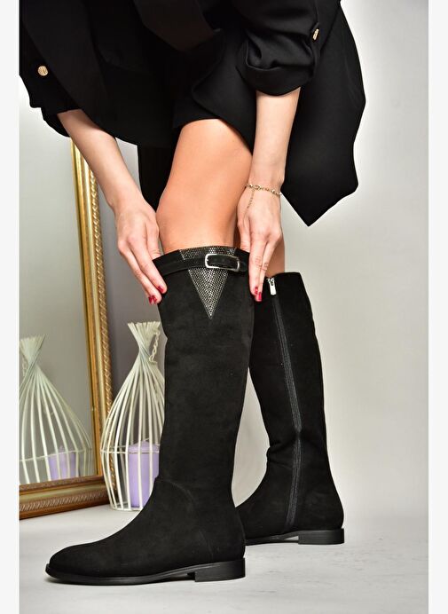 T820109202 Siyah Süet Taş Detaylı Kadın Çizme - Görsel 2