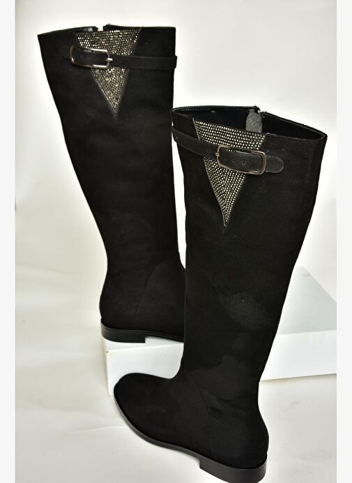 T820109202 Siyah Süet Taş Detaylı Kadın Çizme - Görsel 7