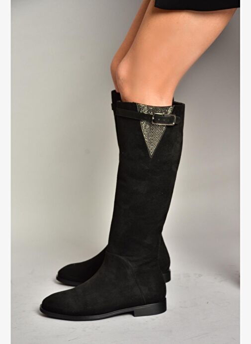 T820109202 Siyah Süet Taş Detaylı Kadın Çizme - Görsel 4