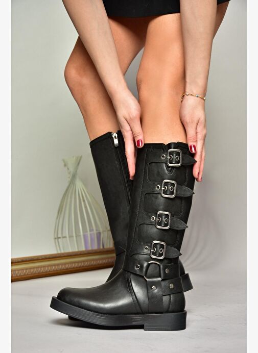 T973570209 Siyah Kalın Tabanlı Kadın Çizme - Görsel 4