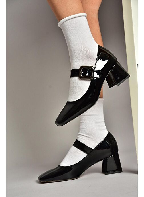 T569613208 Siyah Rugan Kalın Topuklu Kadın Ayakkabı - Görsel 2