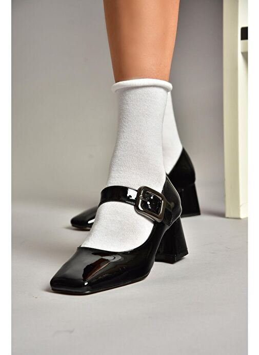 T569613208 Siyah Rugan Kalın Topuklu Kadın Ayakkabı - Görsel 3