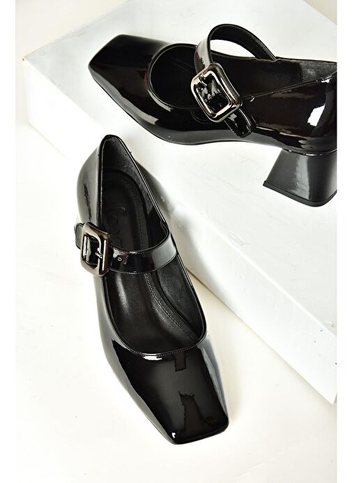 T569613208 Siyah Rugan Kalın Topuklu Kadın Ayakkabı - Görsel 4