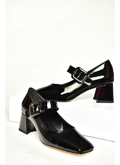 T569613208 Siyah Rugan Kalın Topuklu Kadın Ayakkabı - Görsel 5