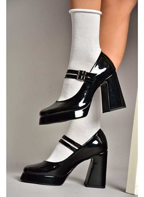 T569613308 Siyah Rugan Kalın Topuklu Kadın Ayakkabı - Görsel 2