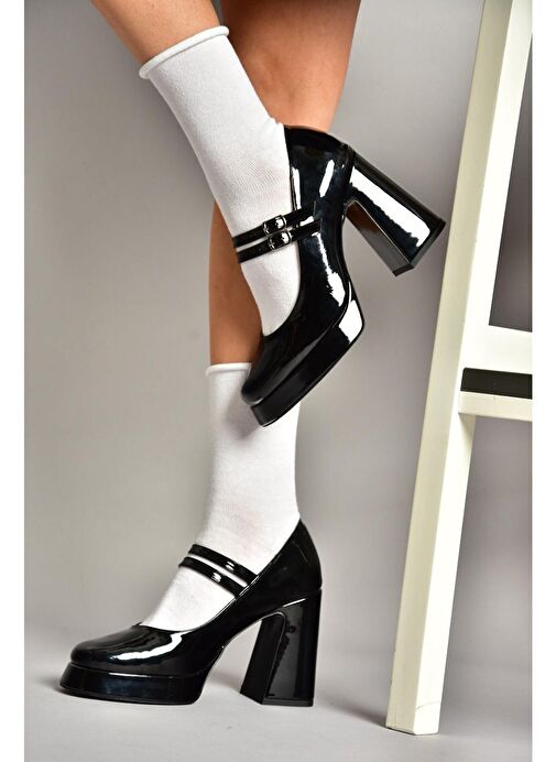 T569613308 Siyah Rugan Kalın Topuklu Kadın Ayakkabı - Görsel 3