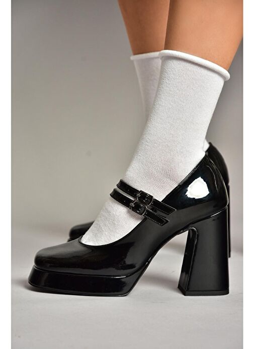 T569613308 Siyah Rugan Kalın Topuklu Kadın Ayakkabı - Görsel 4