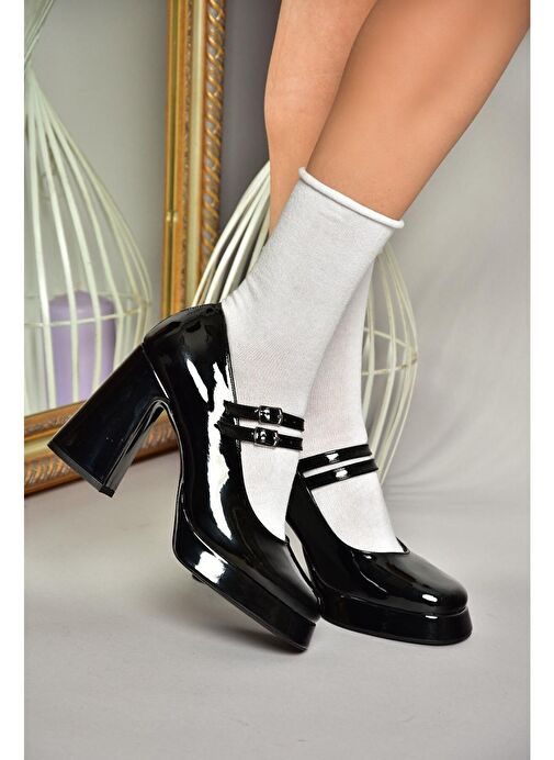 T569613308 Siyah Rugan Kalın Topuklu Kadın Ayakkabı - Görsel 5