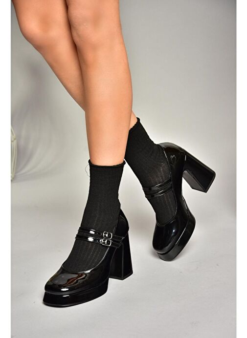 T569613308 Siyah Rugan Kalın Topuklu Kadın Ayakkabı - Görsel 6